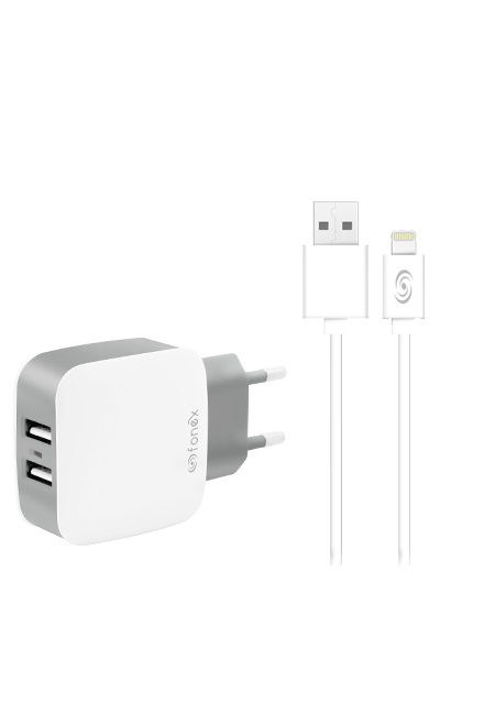 Fonex - Cestovná nabíjacia sada 2xUSB-A/Lightning, 2,1 A, 10 W, biela