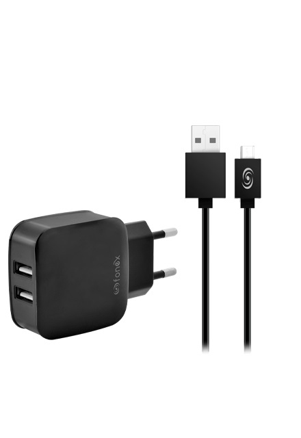 Fonex - Cestovná nabíjacia sada 2xUSB-A/Micro USB, 2,1 A, 10 W, čierna