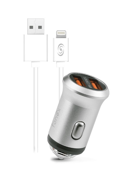 Fonex - Nabíjacia sada do auta 2xUSB-A/Lightning, 2,1 A, 10 W, strieborná