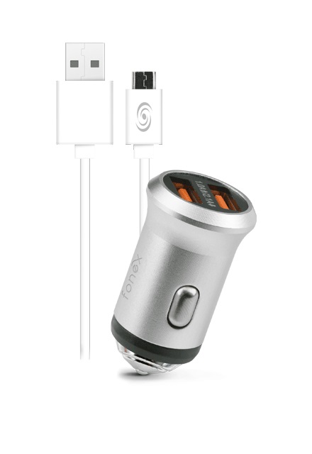 Fonex - Nabíjacia sada do auta 2xUSB-A/Micro USB, 2,1 A, 10 W, strieborná