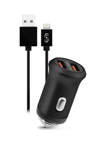 Fonex - Nabíjacia sada do auta 2xUSB/Lightning, 2,1 A, 10 W, čierna