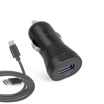 SBS-Car charger set with USB-A/Micro USB, length 1 m, 2.1 A, black