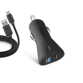 SBS - Nabíjacia sada do auta 2xUSB/USB-C, dĺžka 1m, 2,1 A/1 A, 12/24V, čierna