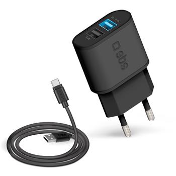 SBS-Travel charging set 2xUSB-A, USB-A/USB-C, 2.1 A/1 A, black